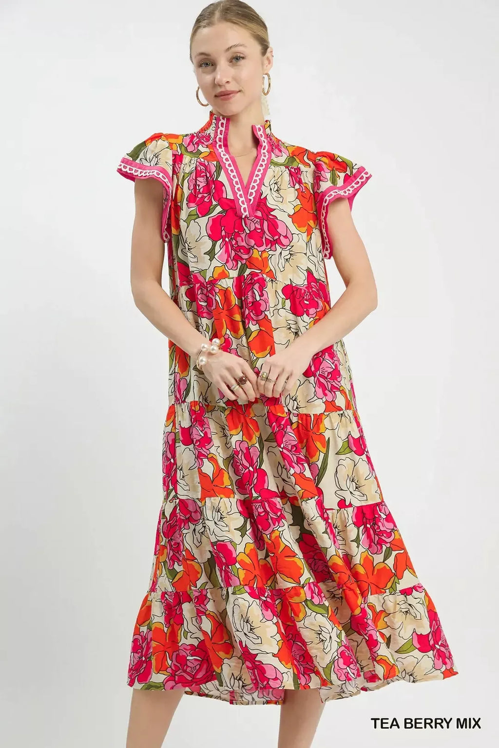 Umgee Mix Bold Floral Tiered Midi Dress