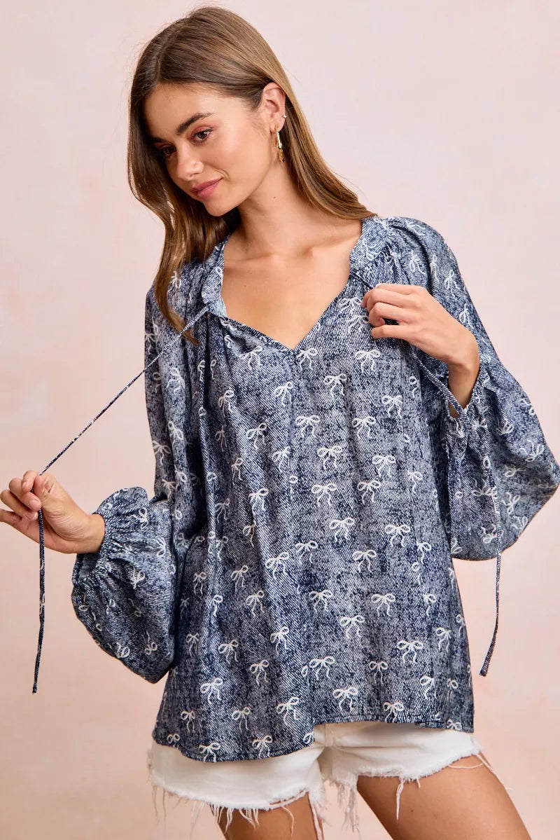 BiBi Ribbon Bow Print Exaggerated Balloon Sleeves Top
