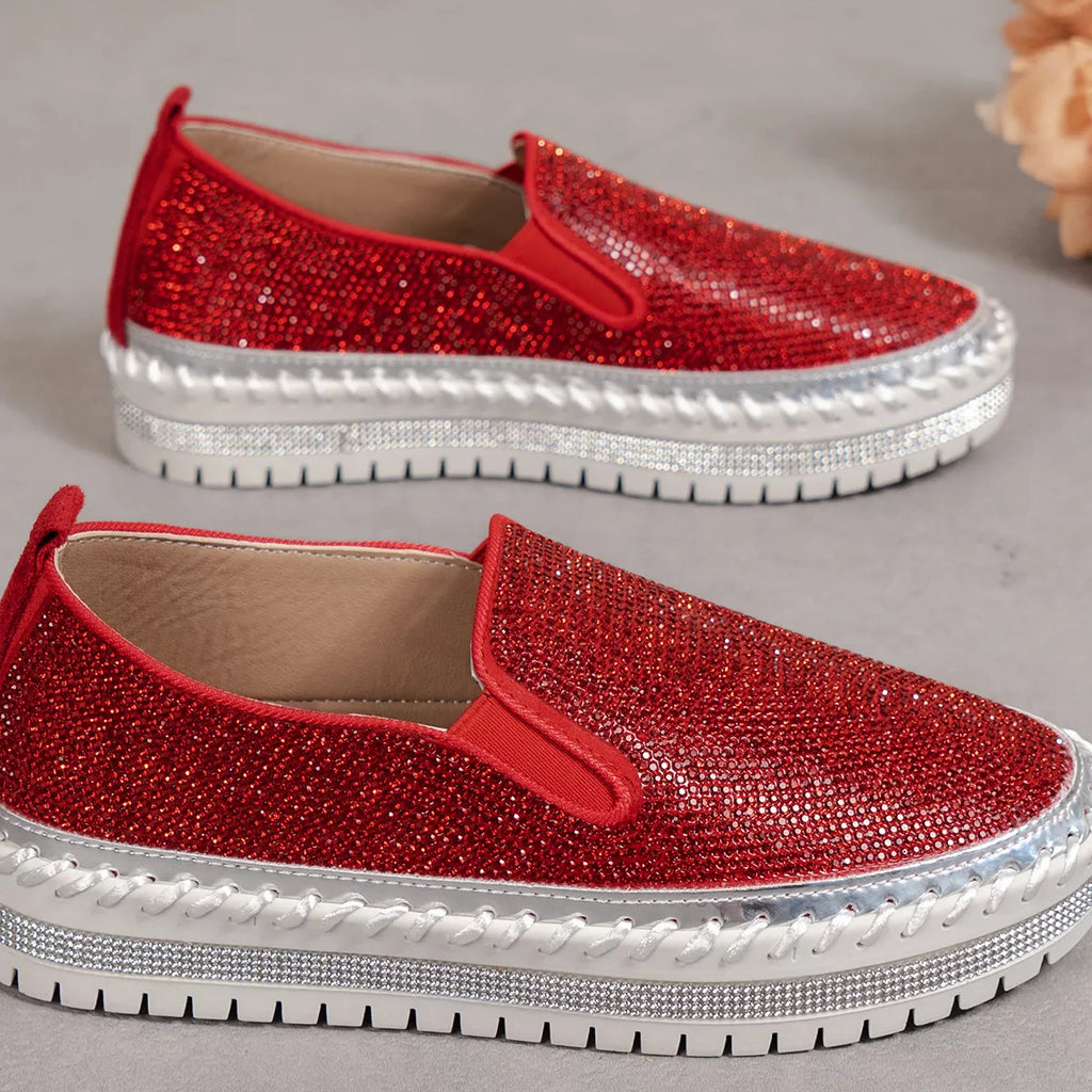 Rhinestone Round Toe Platform Loafers