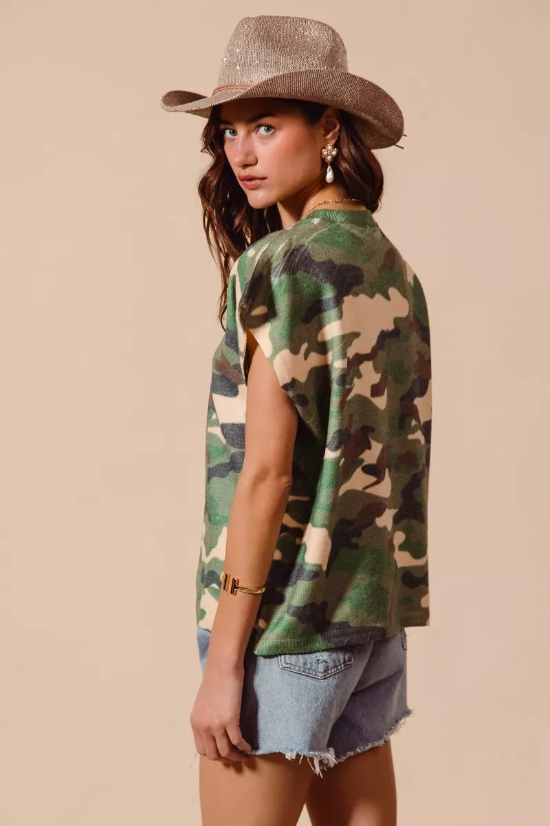 SO ME Camouflage Print Dolman Soft Sweater Top