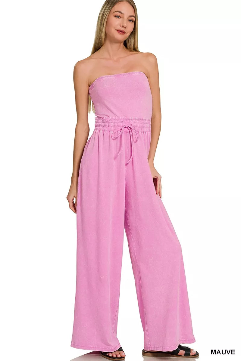 Zenana Acid Washed Strapless Tube Top Jumpsuit