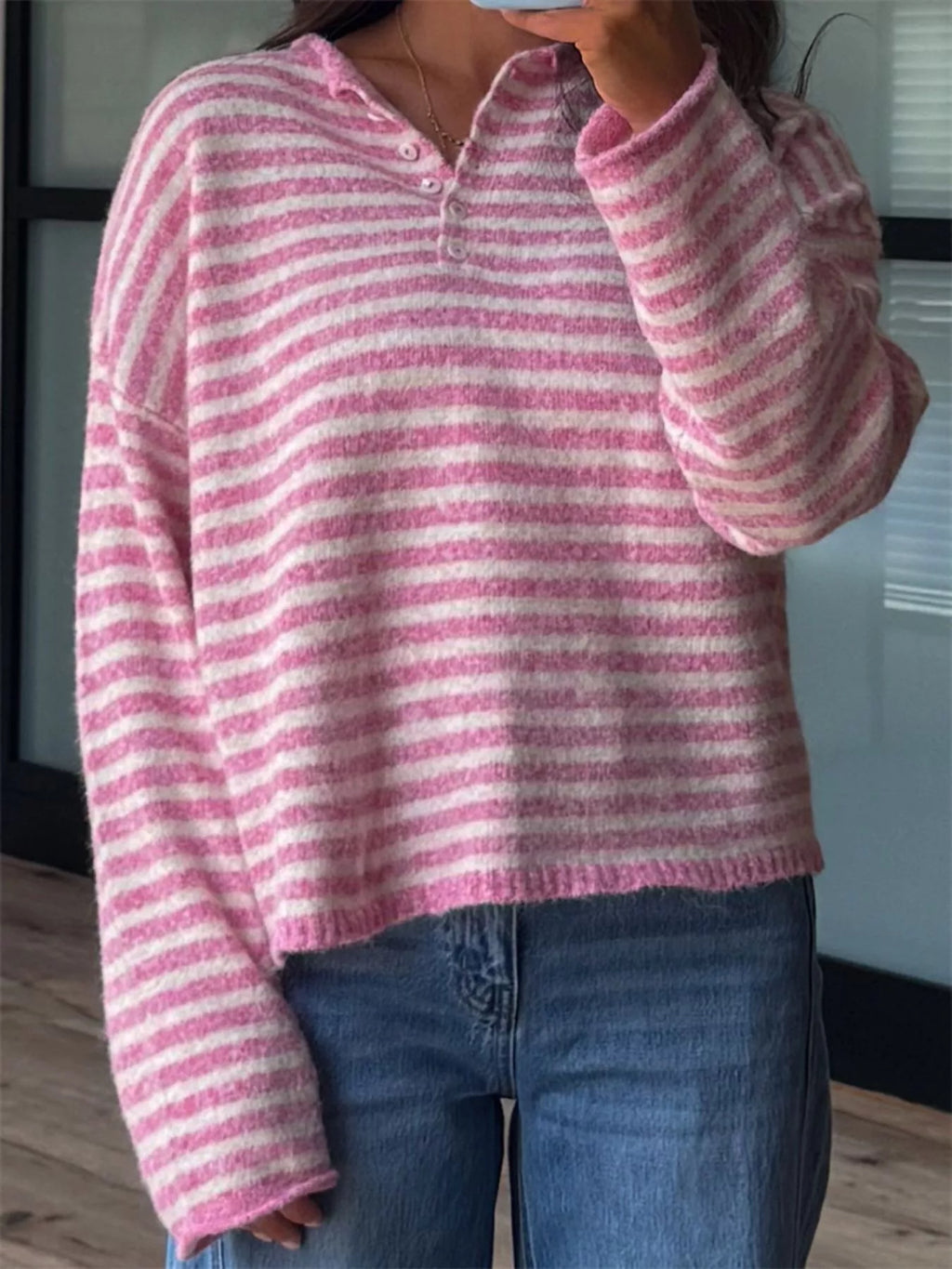 Button Detail Dropped Shoulder Striped Sweater