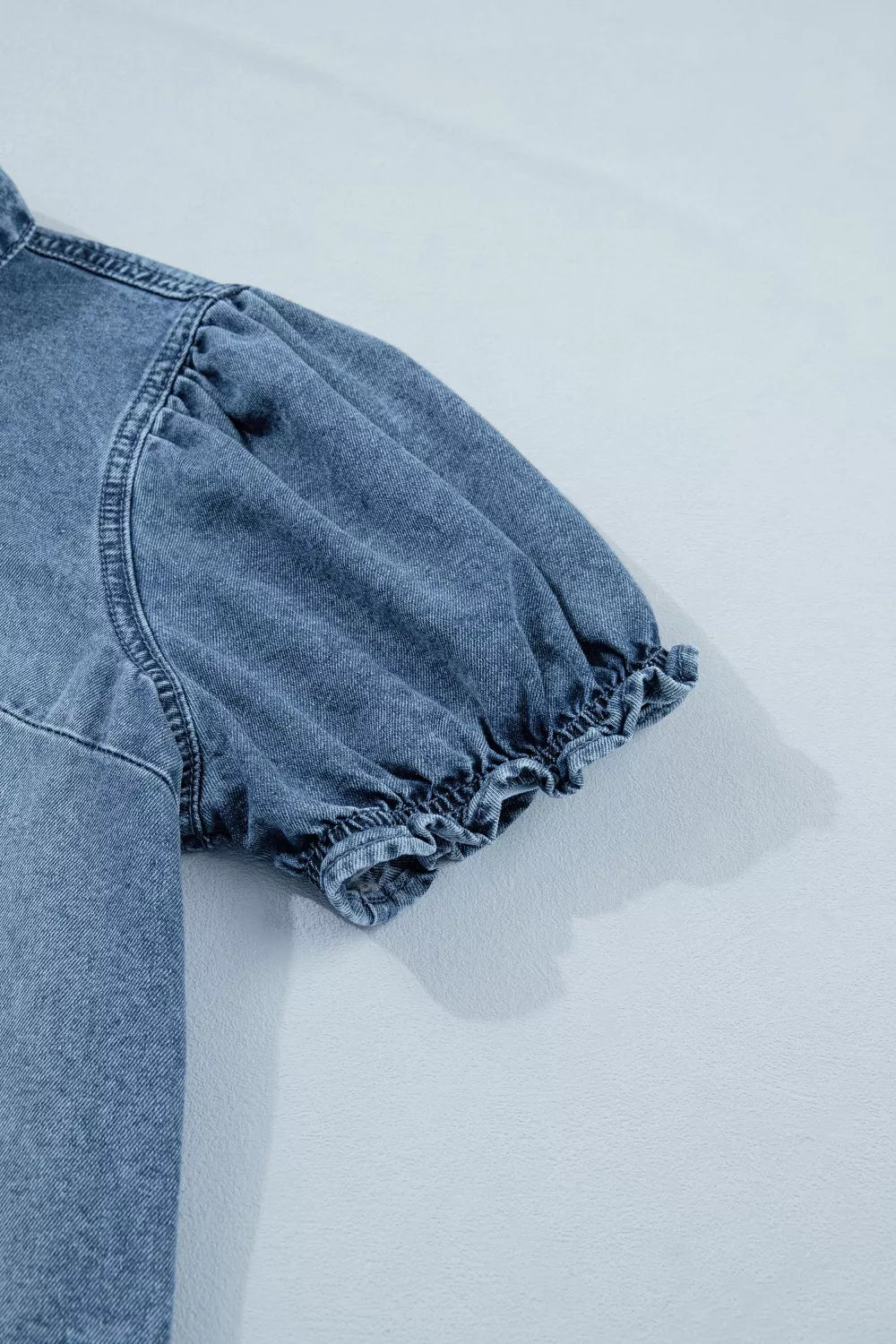 Frilled Short Sleeve Snap Button Denim Shirt