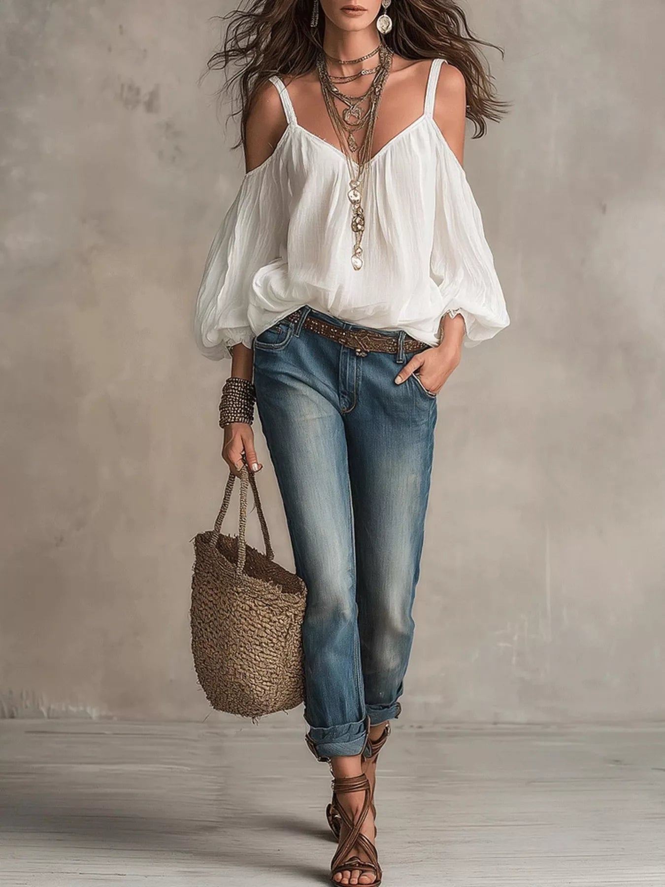 Cold Shoulder Balloon Sleeve Blouse