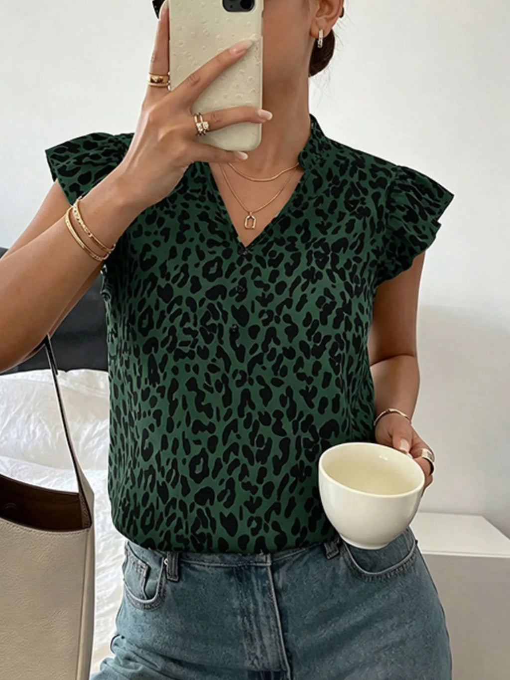 Leopard Print Ruffle Sleeve Blouse