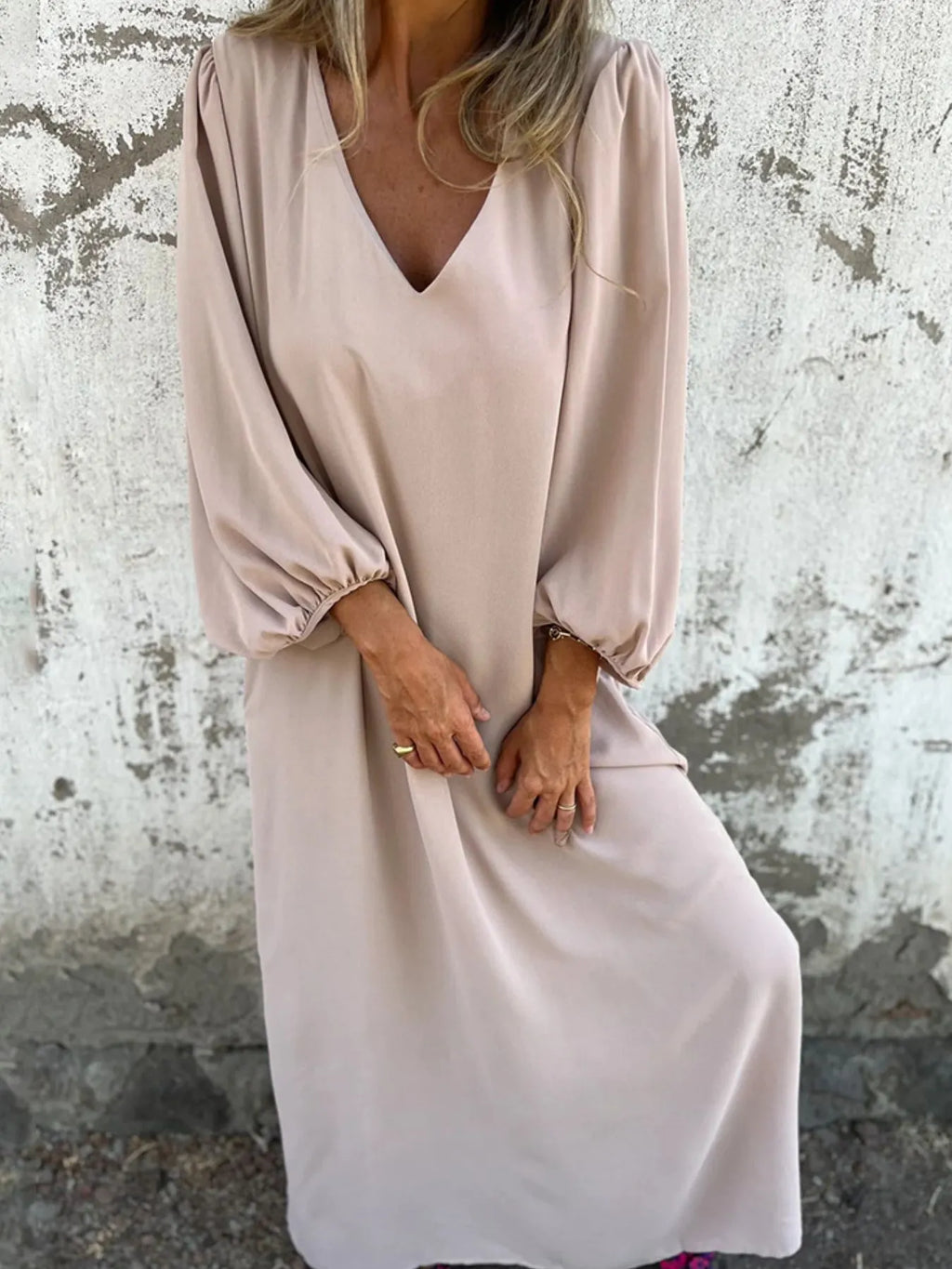 Full Size Slit V-Neck Balloon Sleeve Midi Dress Plus Size