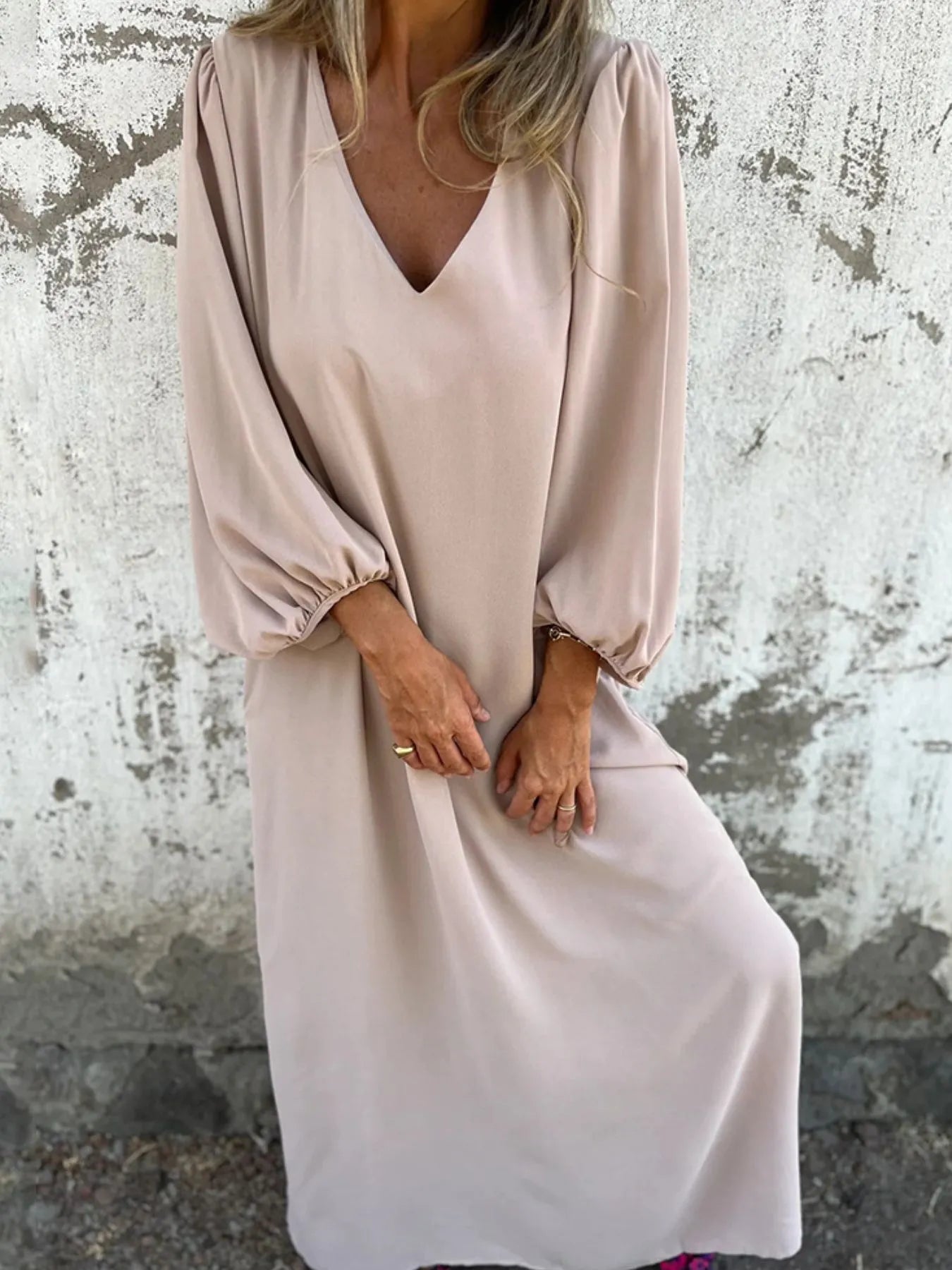 Full Size Slit V-Neck Balloon Sleeve Midi Dress Plus Size