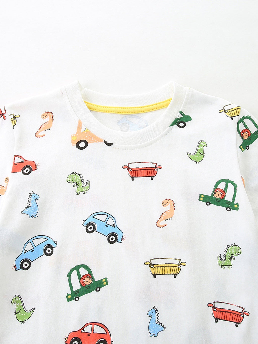 Children's Cartoon Car & Dinosaur Print Crew Neck Short Sleeve T-Shirt