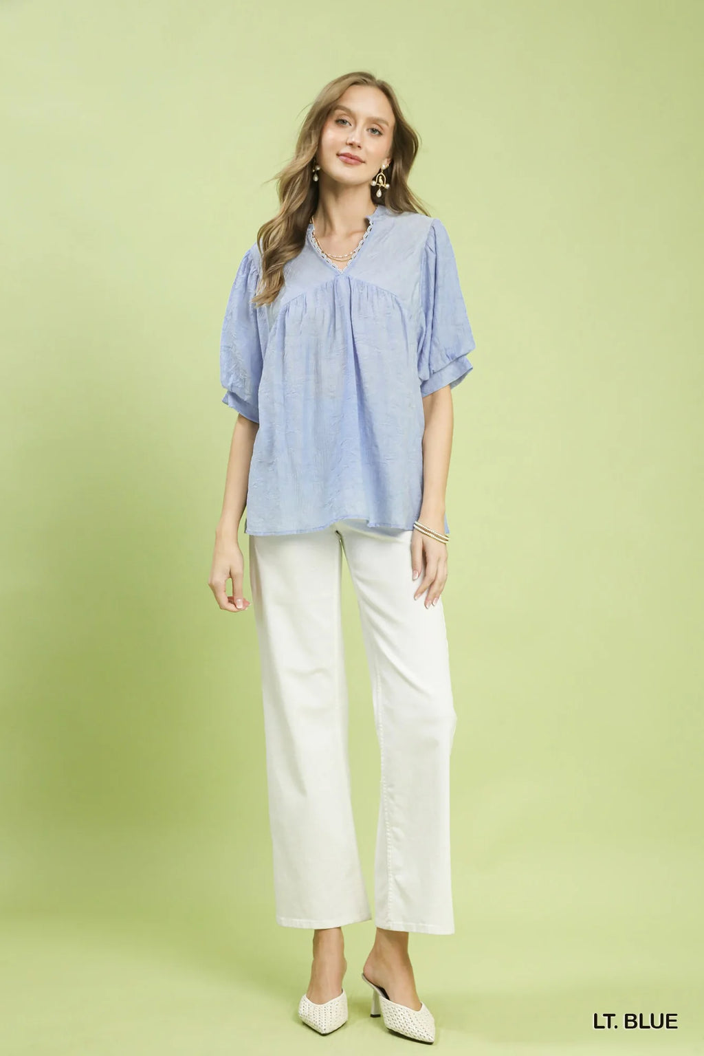 Umgee Textured Lace Trim V-Neck Boho Blouse