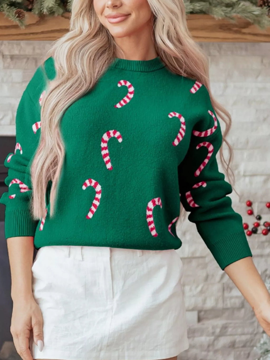 Christmas Candy Cane Holiday Drop Shoulder Sweater