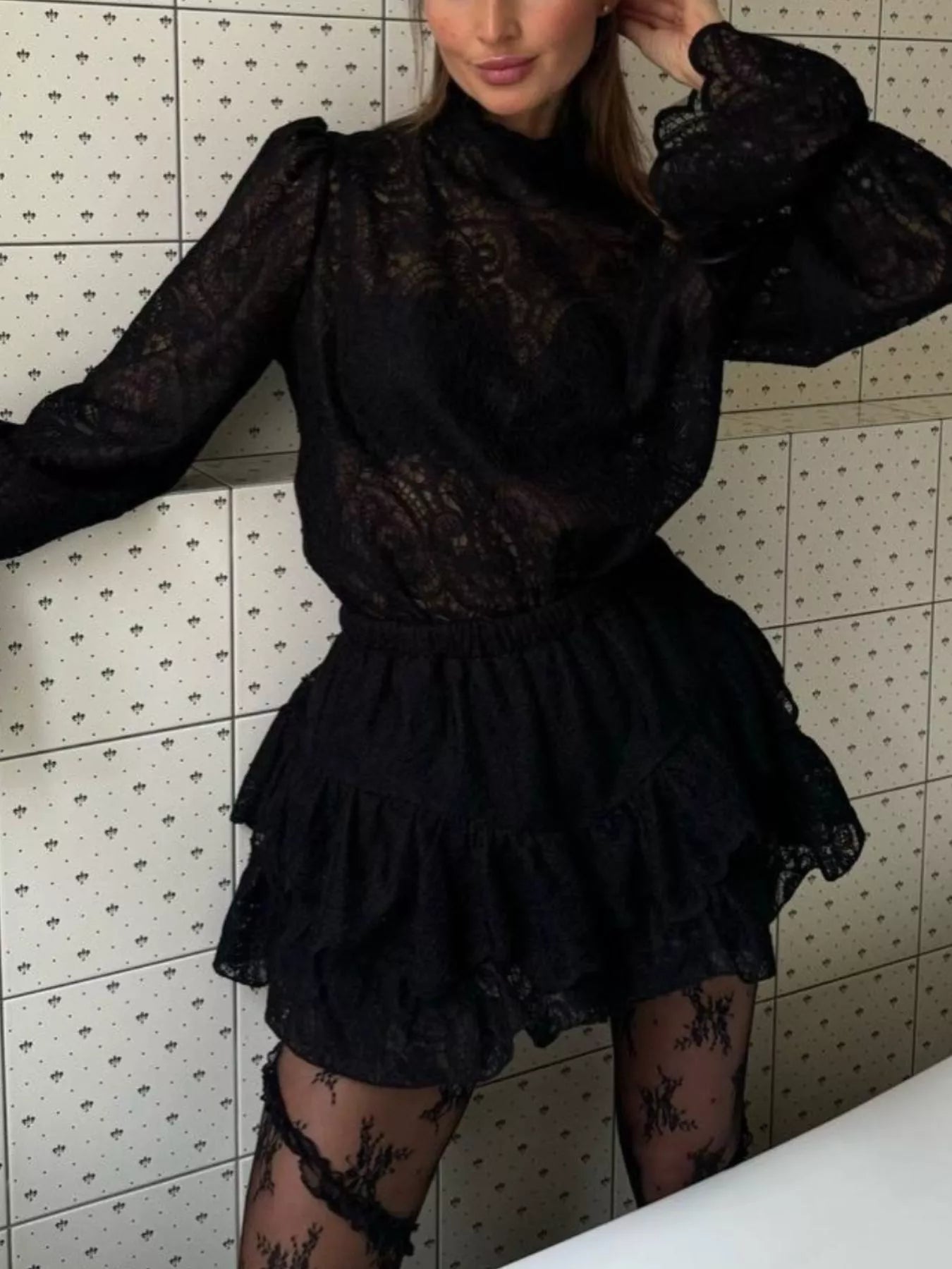 Lace Long Sleeve Top and Skirt Set