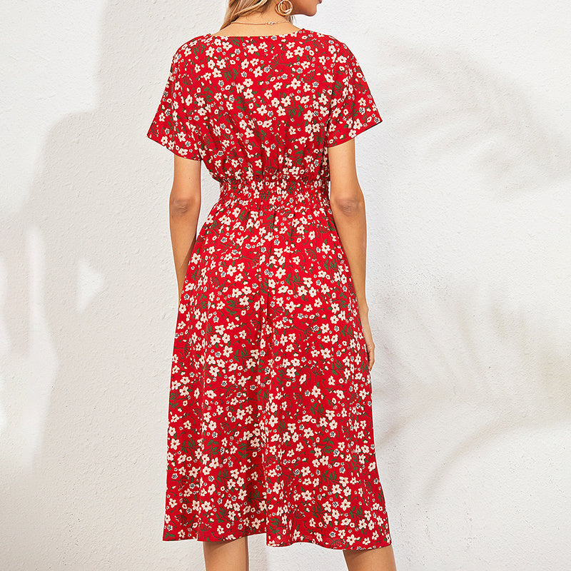 Women's V-Neck Floral Print Dress - A-Line Waisted Summer Maxi Dress