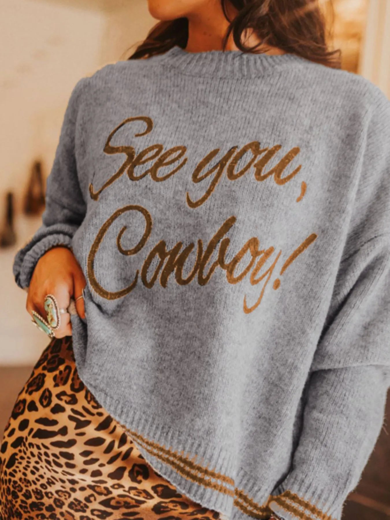 Letter Contrast Hem Round Neck Sweater