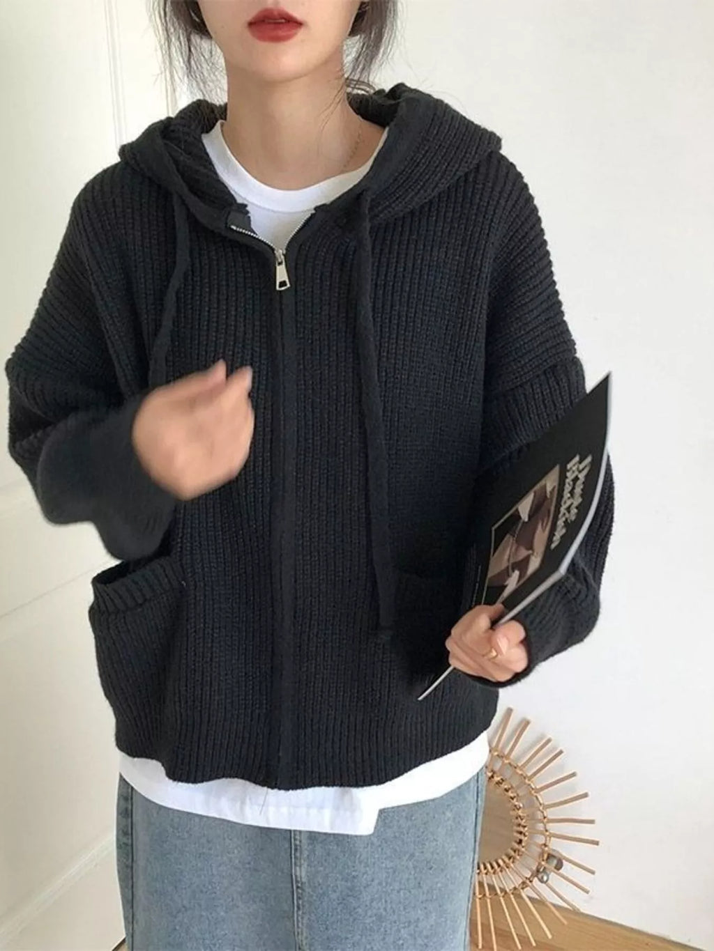 Full Size Casual Knitted Zip-Up Hooded Cardigan Plus Size