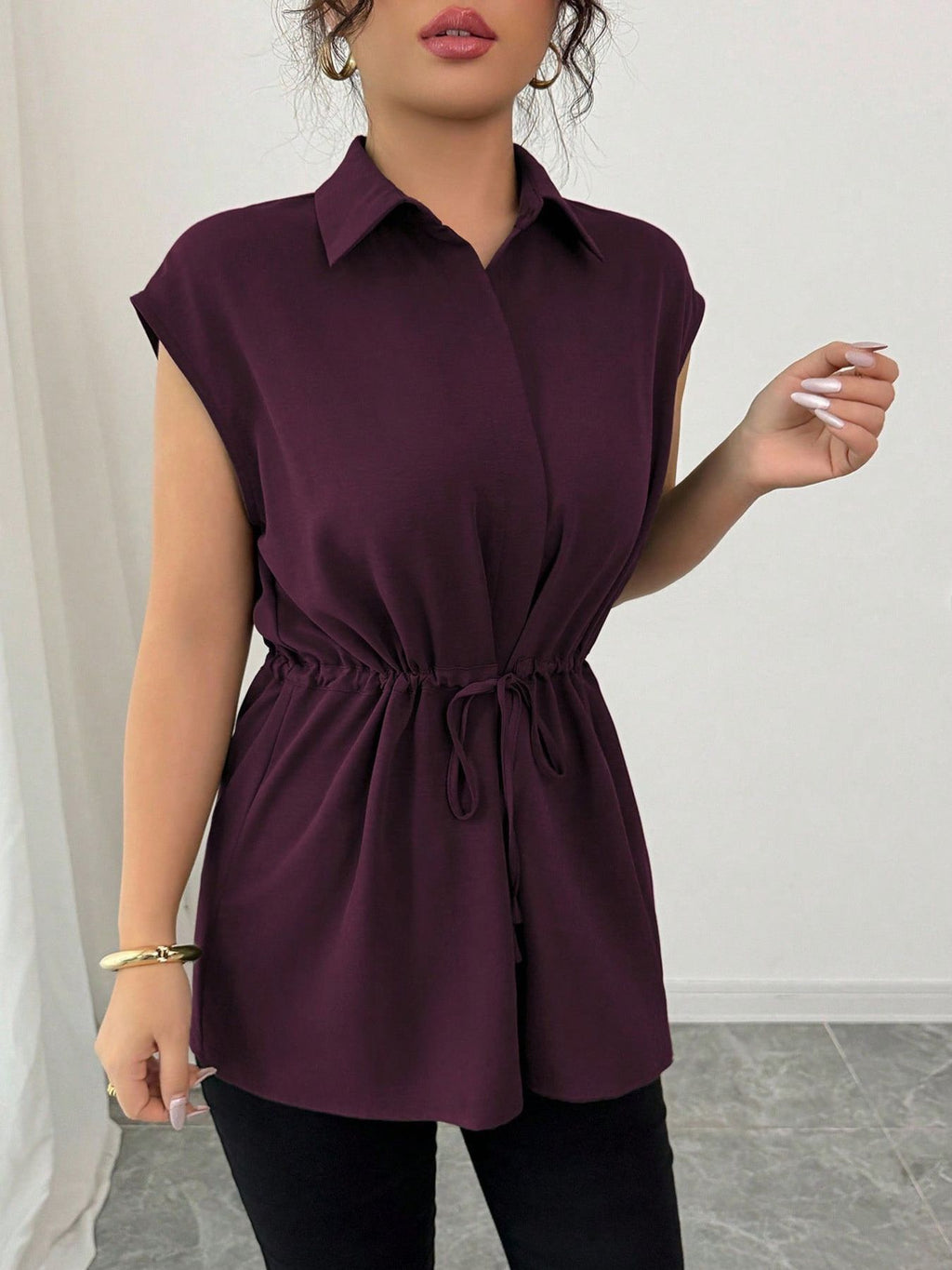 Drawstring Waist Cap Sleeve Shirt