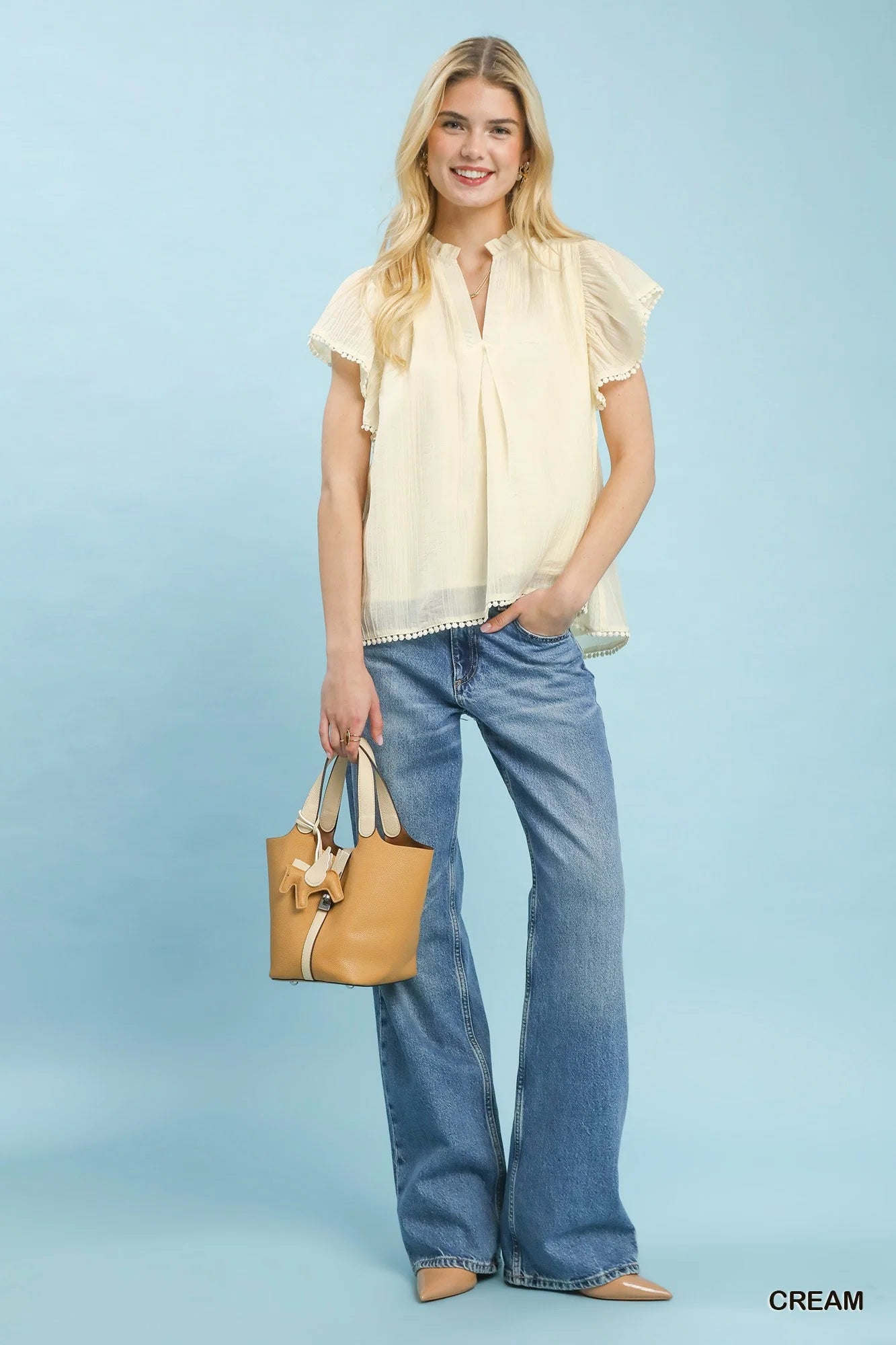 Umgee Flutter Sleeve Relaxed Top with Trim Detail