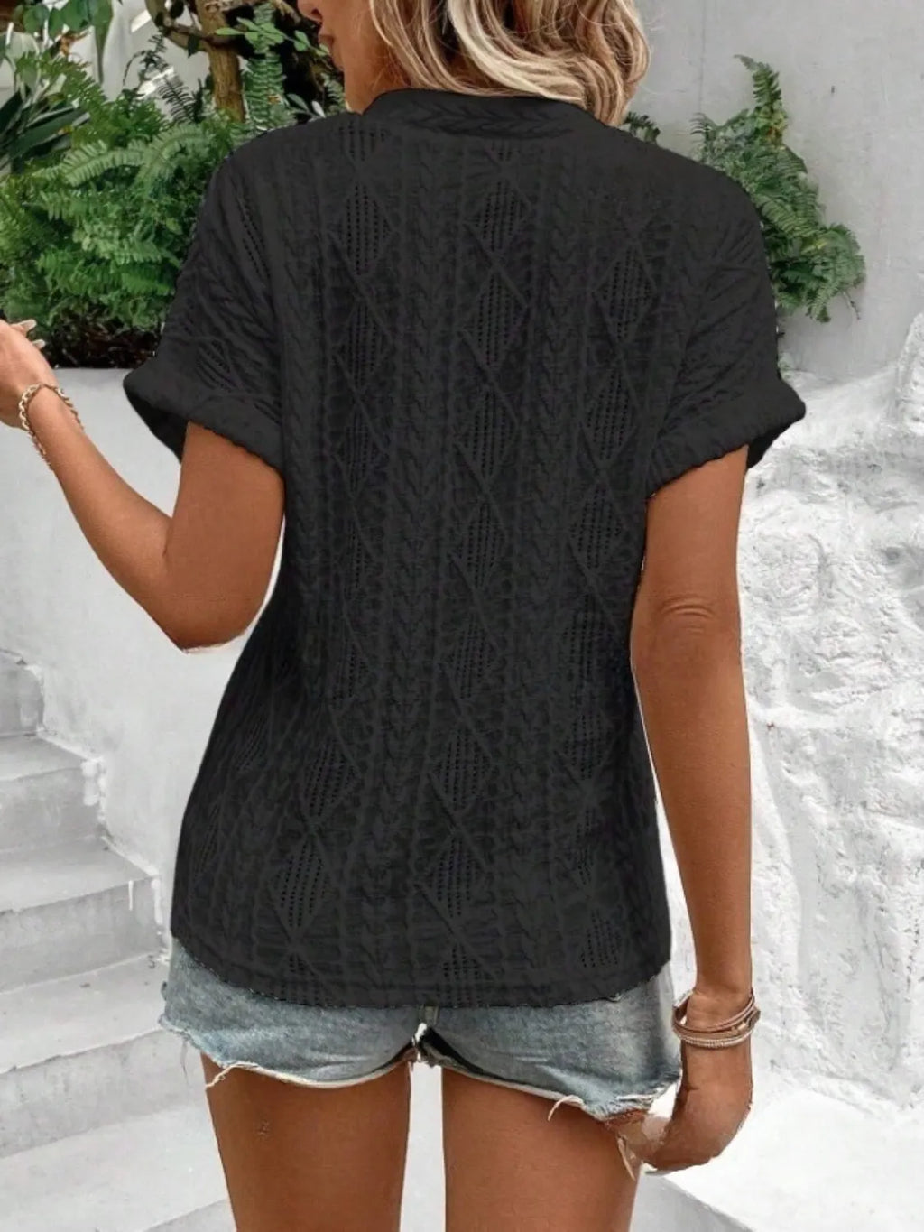 Openwork Notched Short Sleeve Blouse