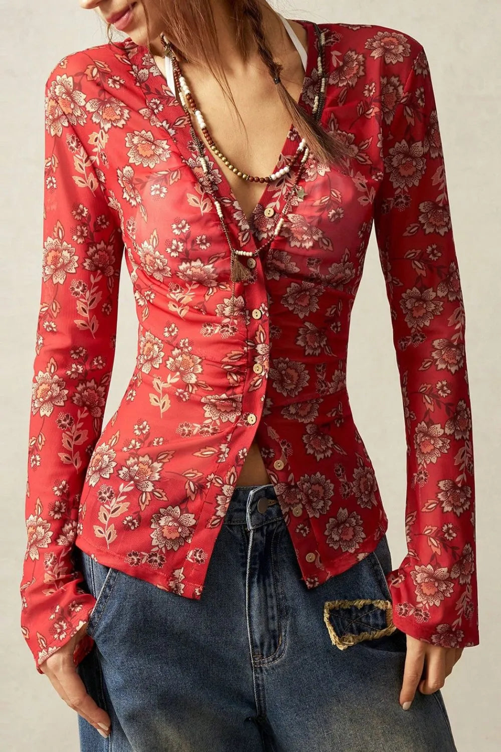Floral  Button-Front Shirt with Bell Sleeves