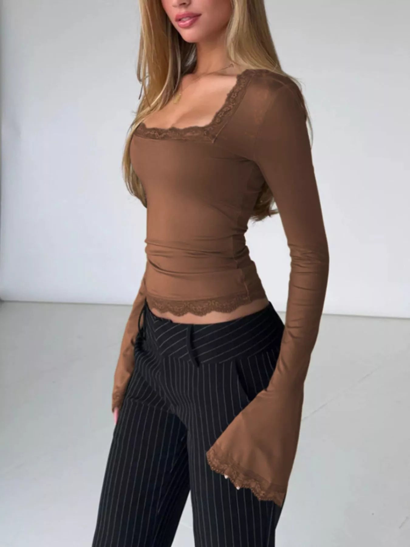 Lace Trim Square Neck Long Sleeve Top