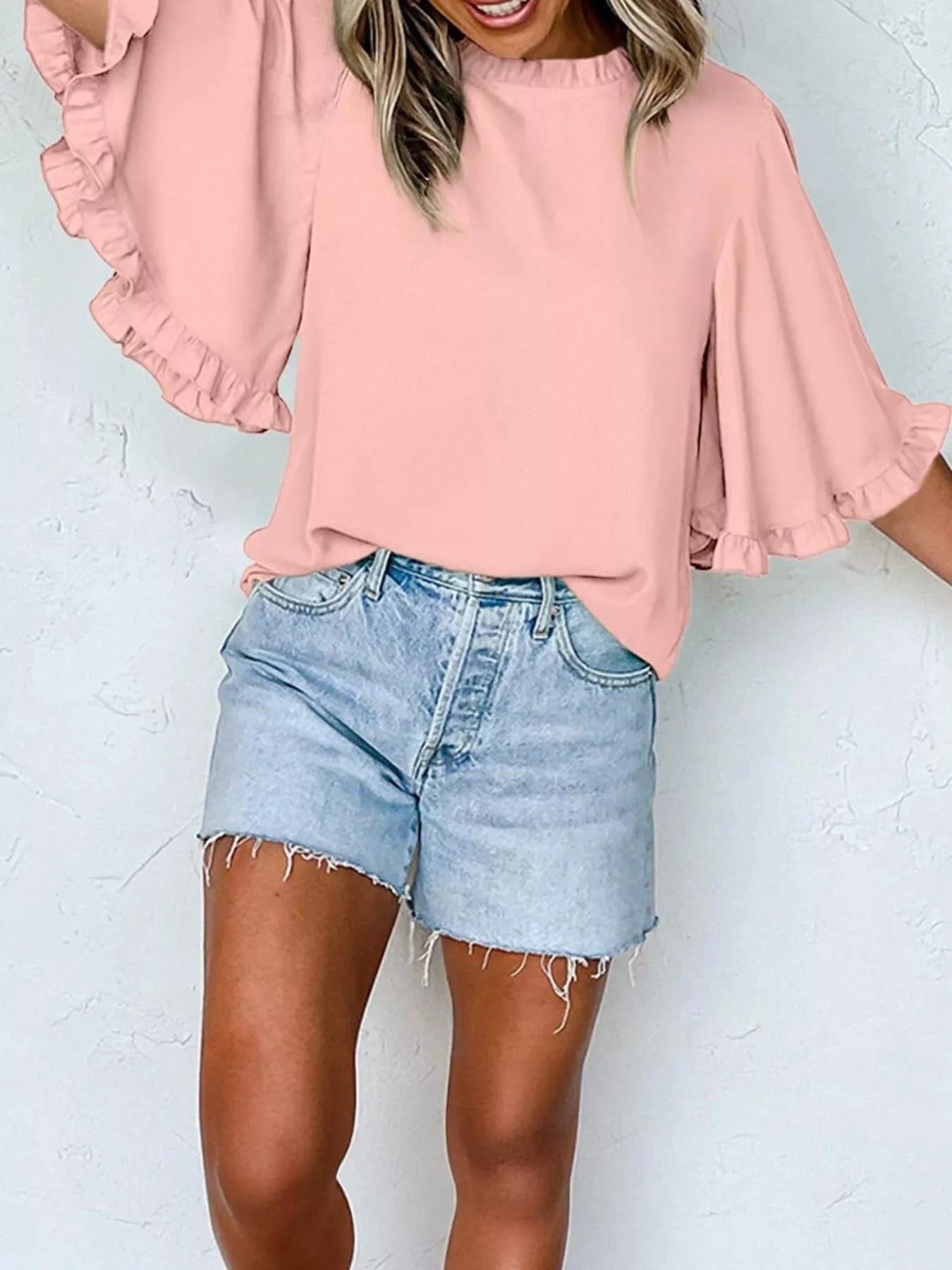 Ruffle Trim Half Sleeve Blouse