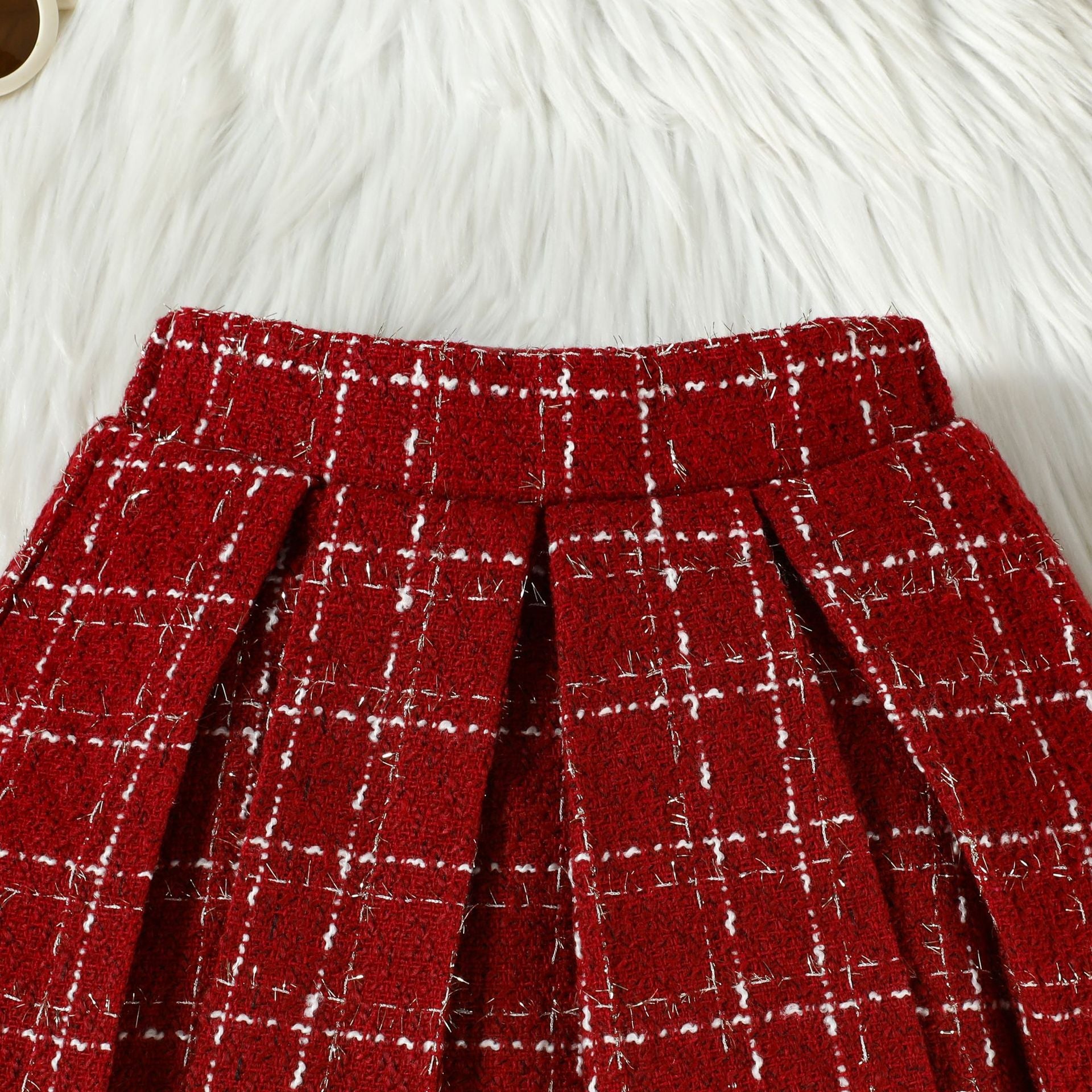 Children's Long Sleeve Top & Plaid Vest & Pleated Skirt Set