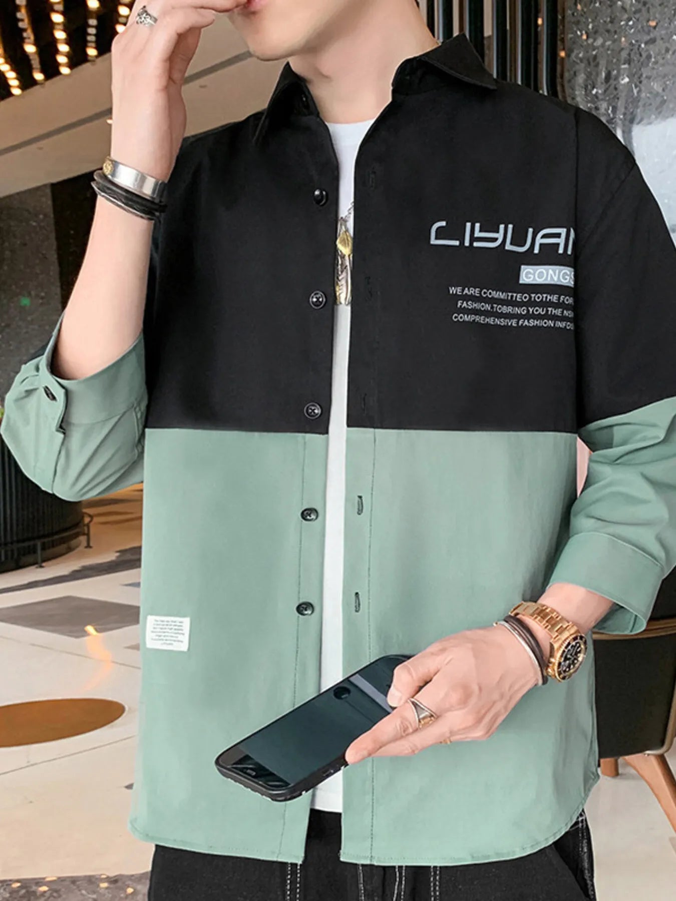 Men's Plus Size Two-Tone Casual Button-Down Shirt