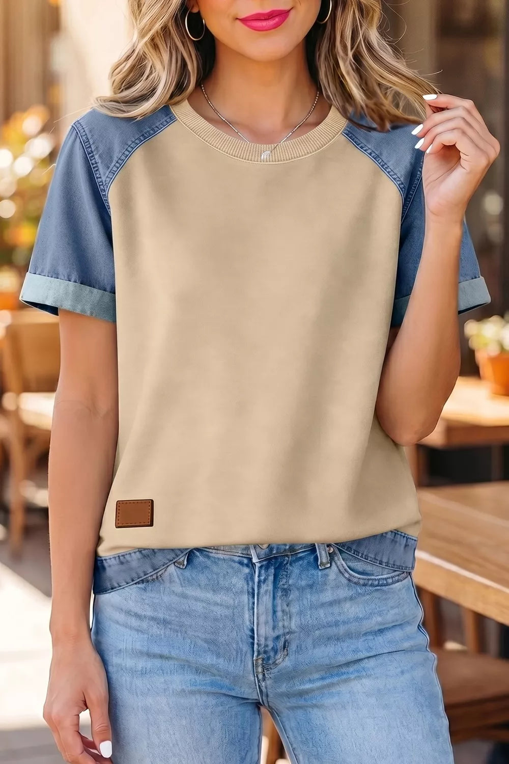 Denim Color Block Patchwork Round Neck Tee