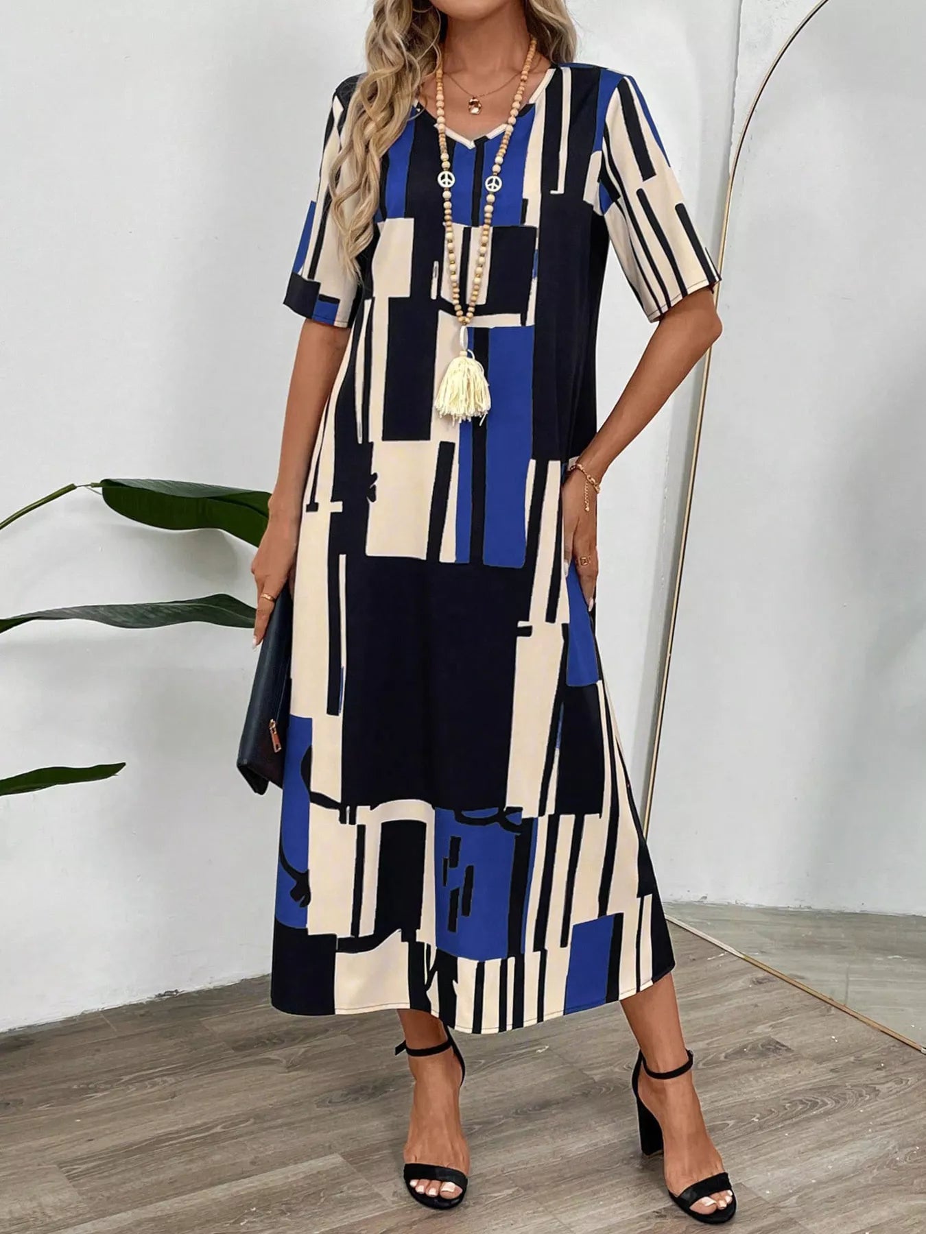 Abstract Geometric Print V-Neck Midi Dress