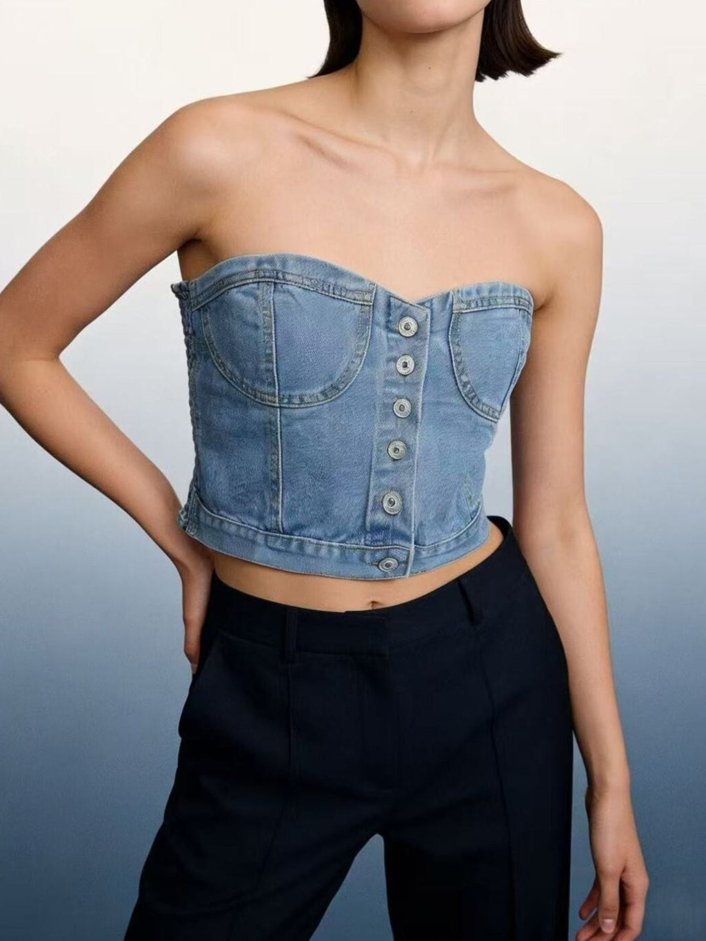 Button-Front Denim Tube Top