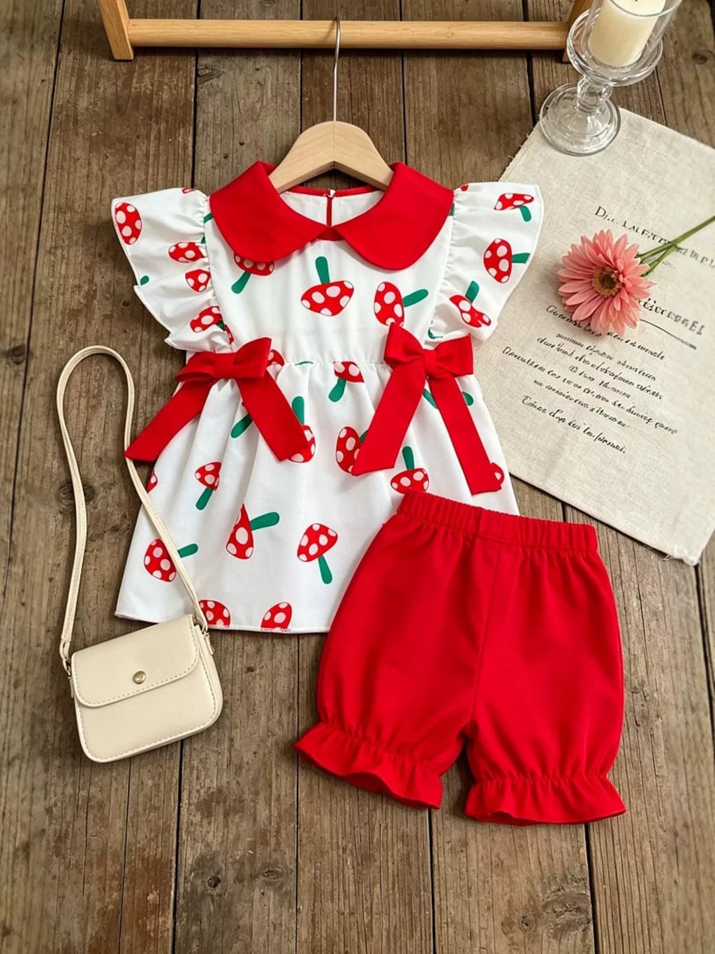 Children's Mushroom Print Ruffle Trim Top & Shorts Set