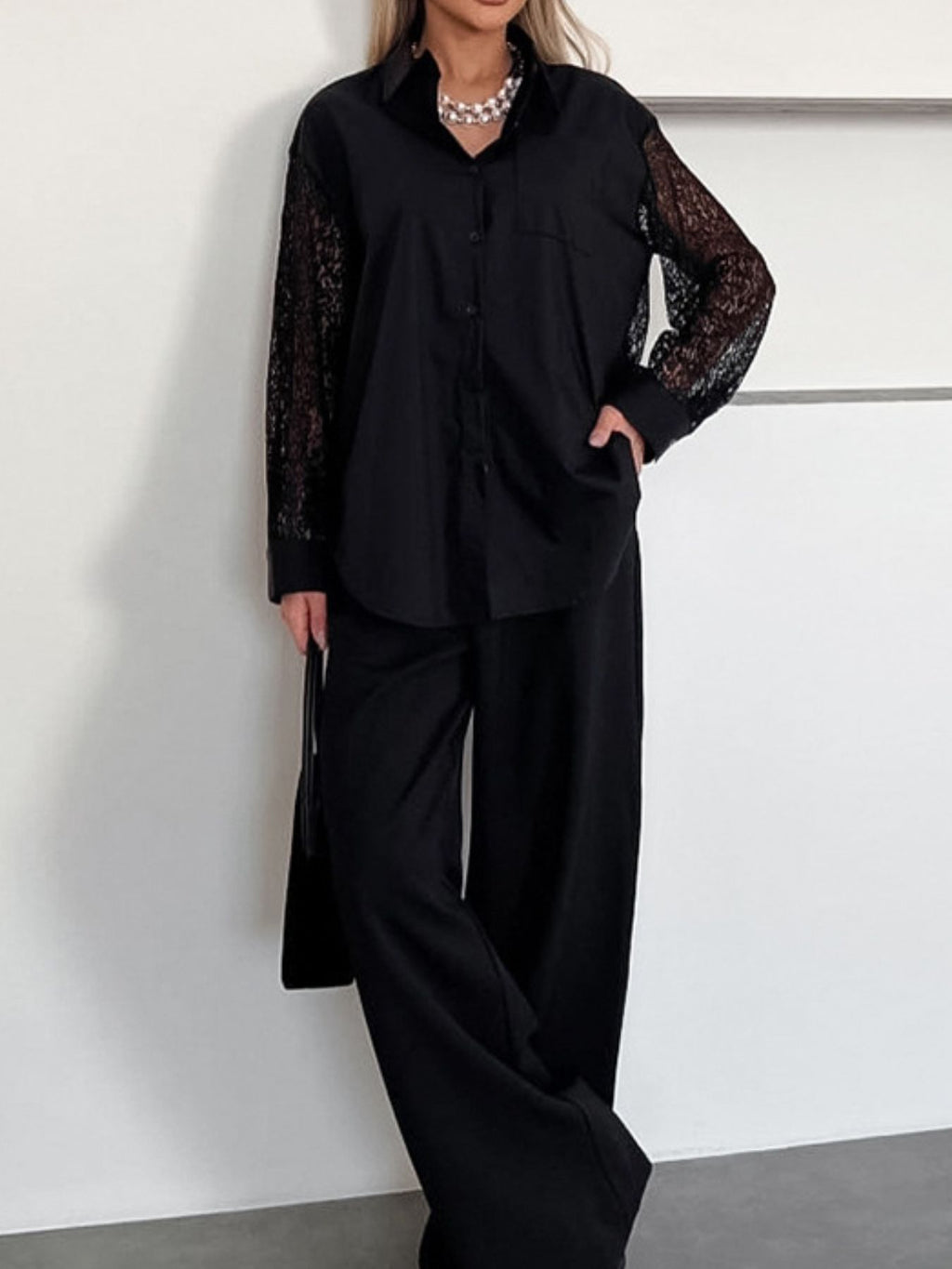 Lace Sleeve Button-Down Shirt