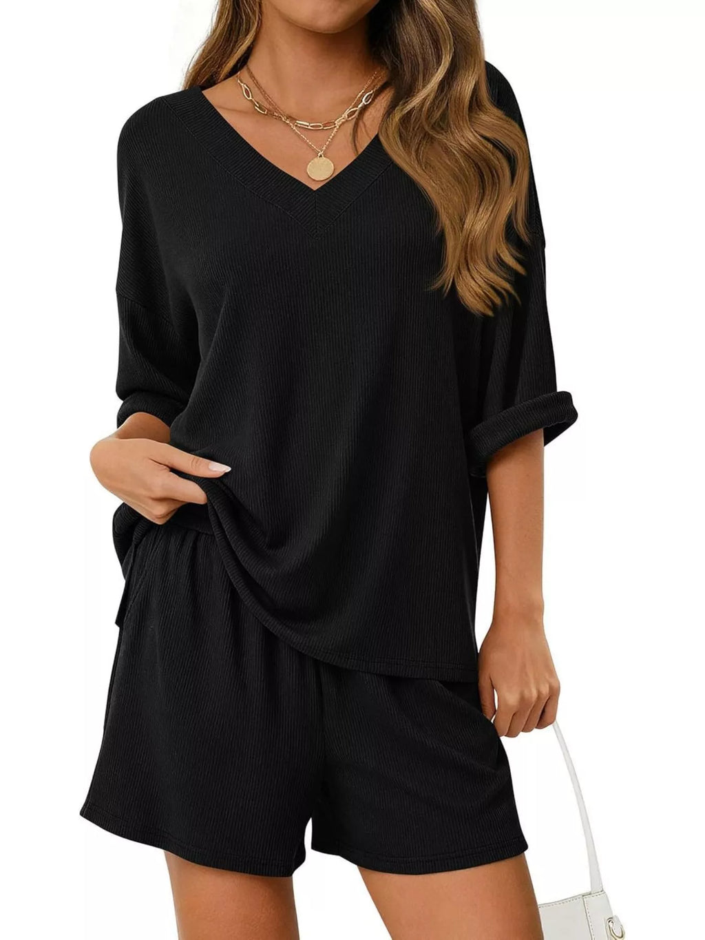 Casual Solid Color V-Neck Top & Shorts Set