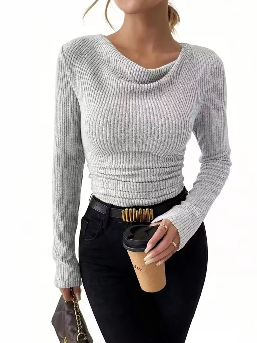 Cowl Neck Ribbed Knit Top