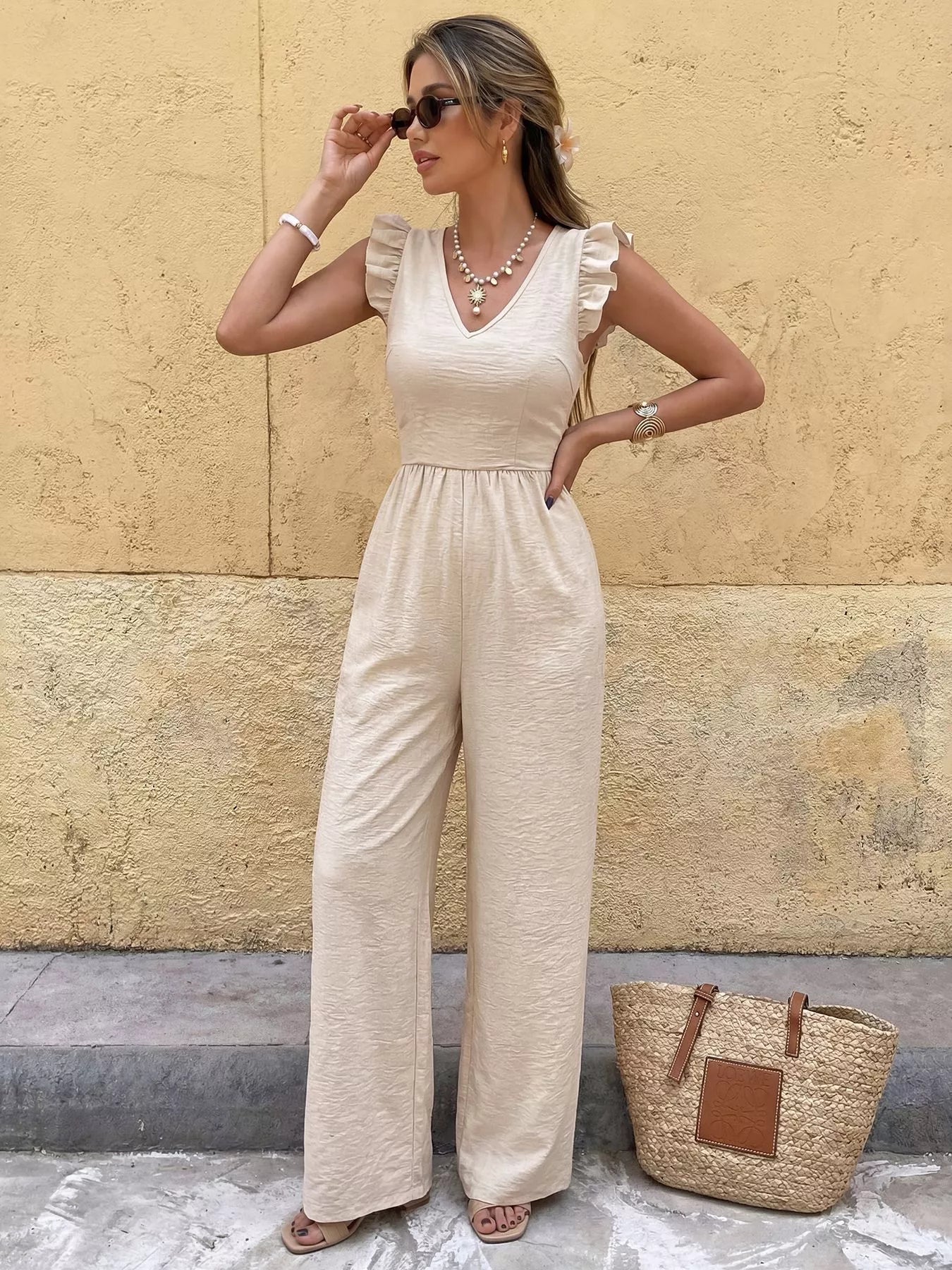Ruffled V-Neck Wide Leg Jumpsuit