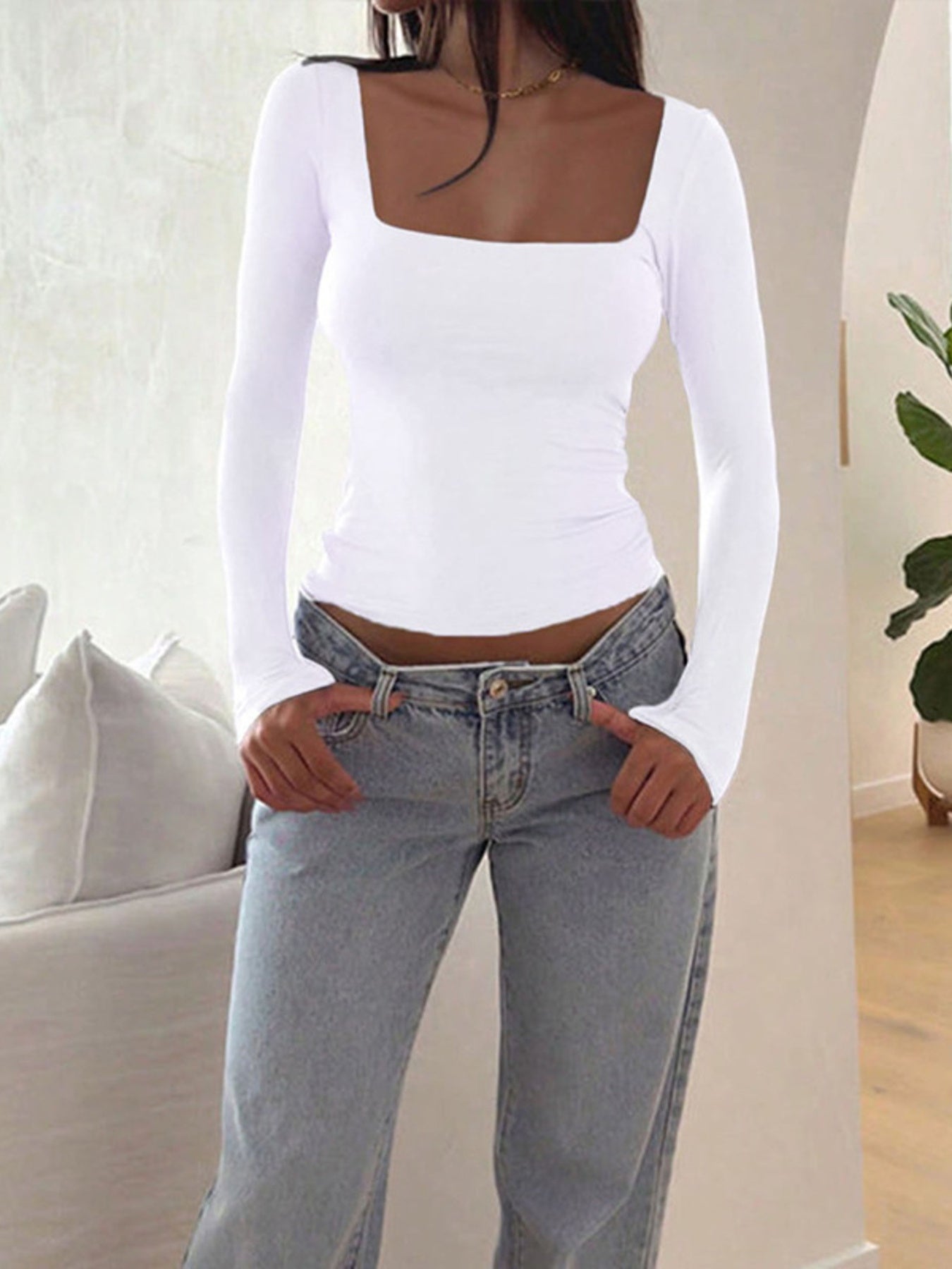 Square Neck Slim Fit Long Sleeve T-Shirt