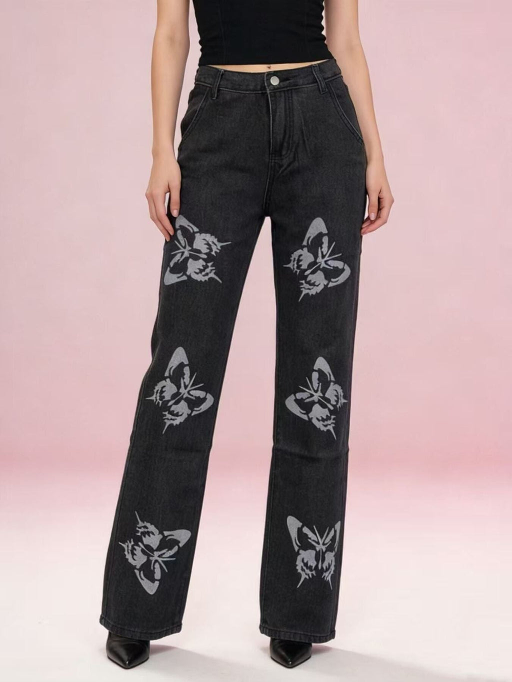 Butterfly Print High-Waisted Wide Leg Jeans