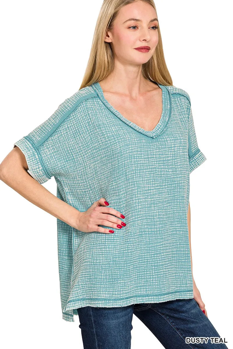 Zenana Acid Washed Double Gauze V-Neck Tee