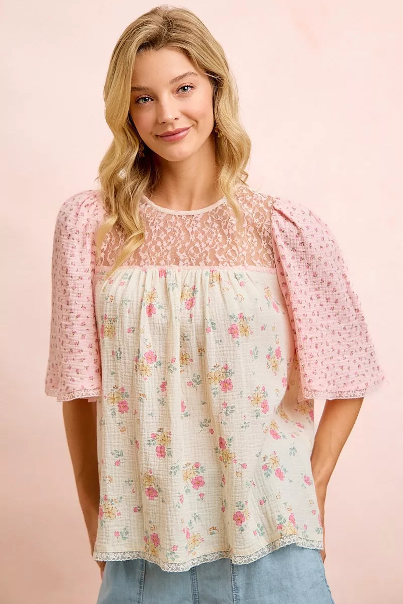 BiBi Crinkle Floral Gauze Mix And Matched Blouse Top