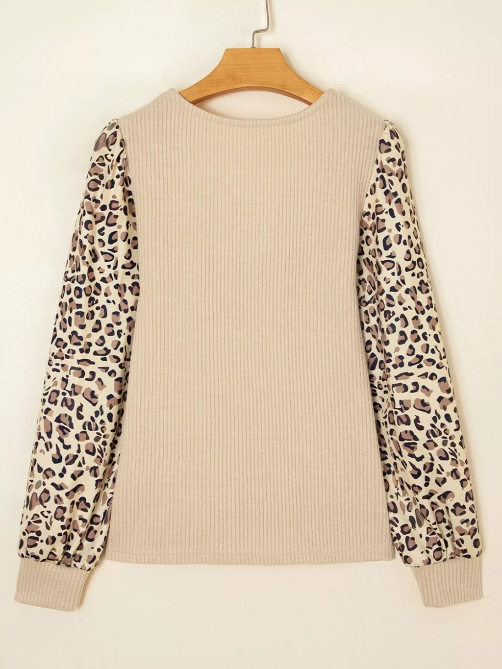 Leopard Sleeve Patchwork Ribbed Knit U Neck Top