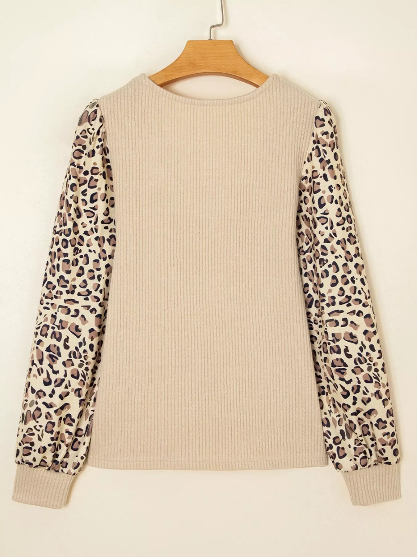 Leopard Sleeve Patchwork Ribbed Knit U Neck Top