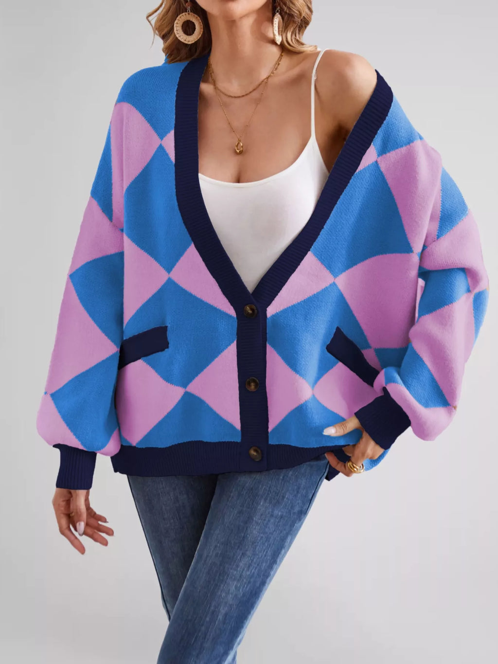 Diamond Pattern Button-Up Knit Cardigan