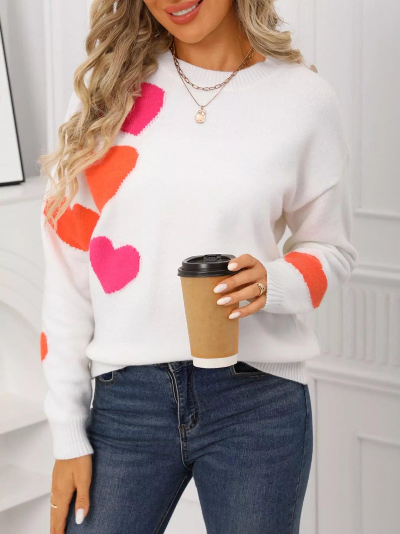 Valentine's Day Heart Pattern Round Neck Sweater