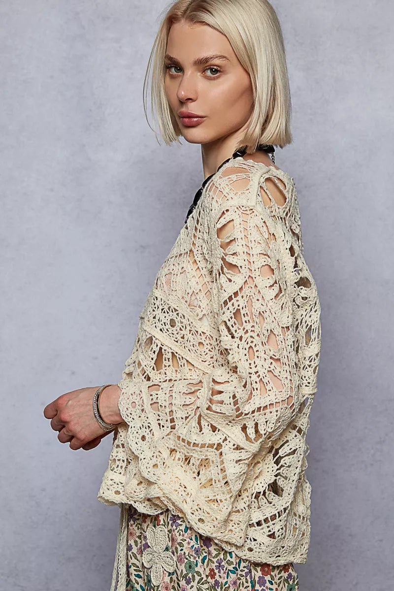 POL Round Neck Weave Knit Pattern Cropped Cover Up