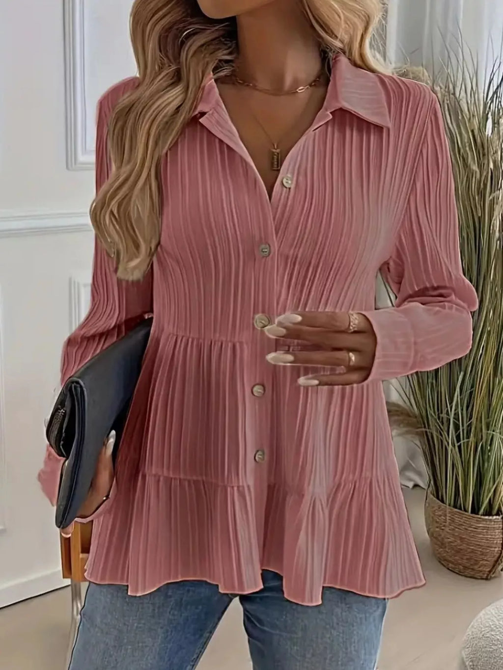 Button-Down Long Sleeve Tiered Shirt