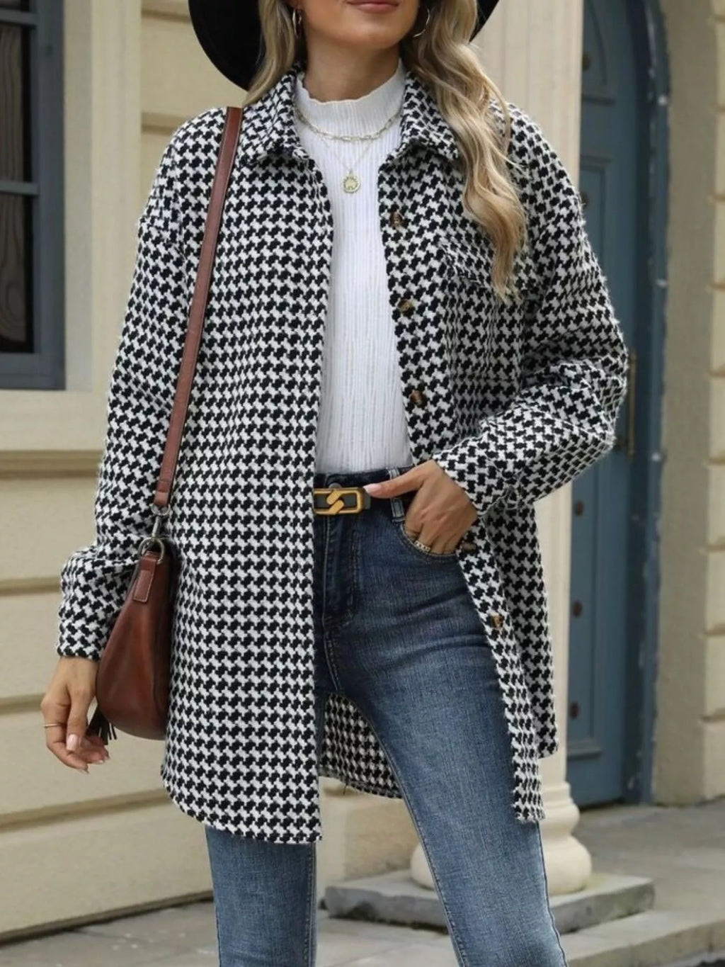 Houndstooth Button Up Long Sleeve Coat