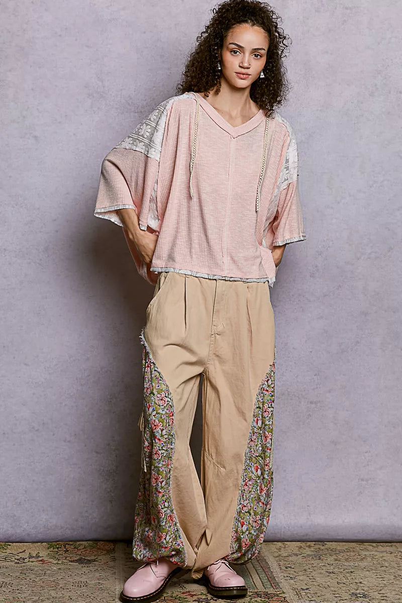 POL Short Sleeve Hoodie Top with Lace Detail