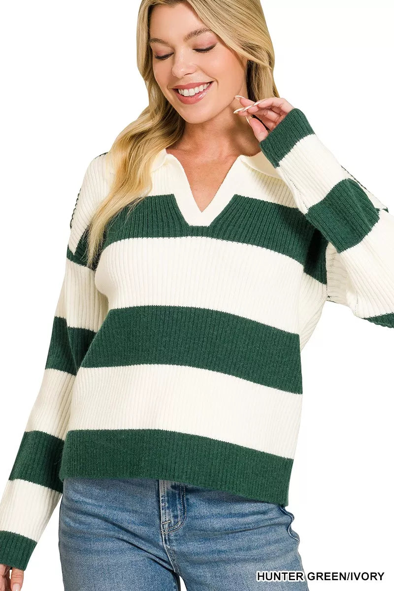 Zenana Striped Collared Sweater