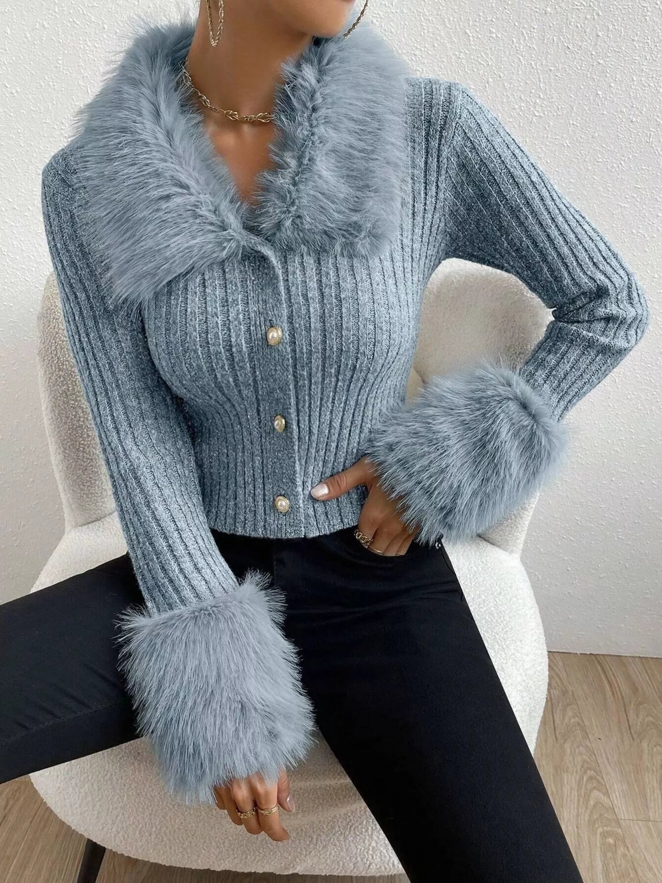 Faux Fur Trim Ribbed Knit Cropped Cardigan
