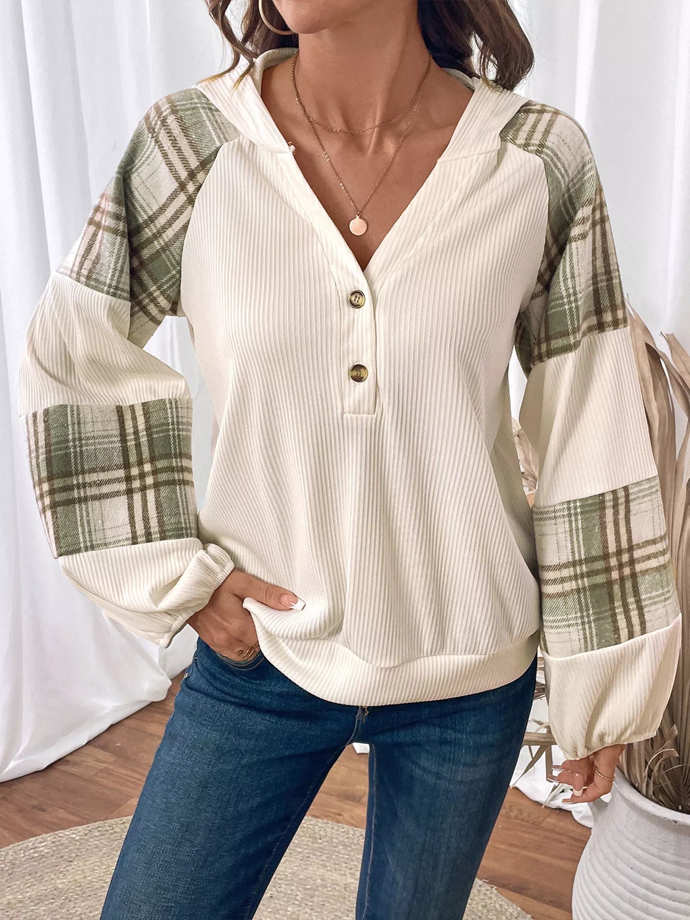 Plaid V-Neck Button Front Sweatshirt