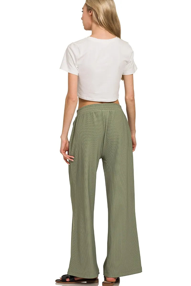 Zenana Ribbed High Neck Half Zip Pullover & Pants Set